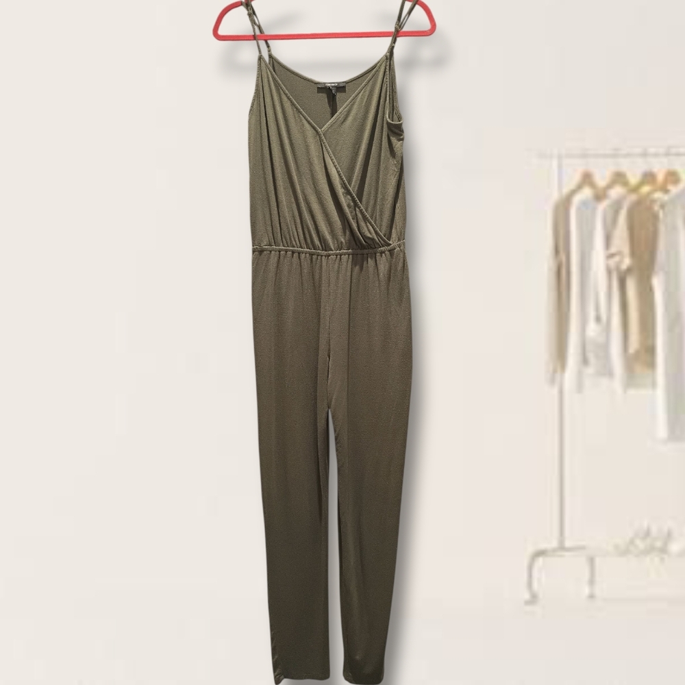 Forever 21 Basic Olive Green Khaki Rayon Sleveless Casual Jumpsuit Size M